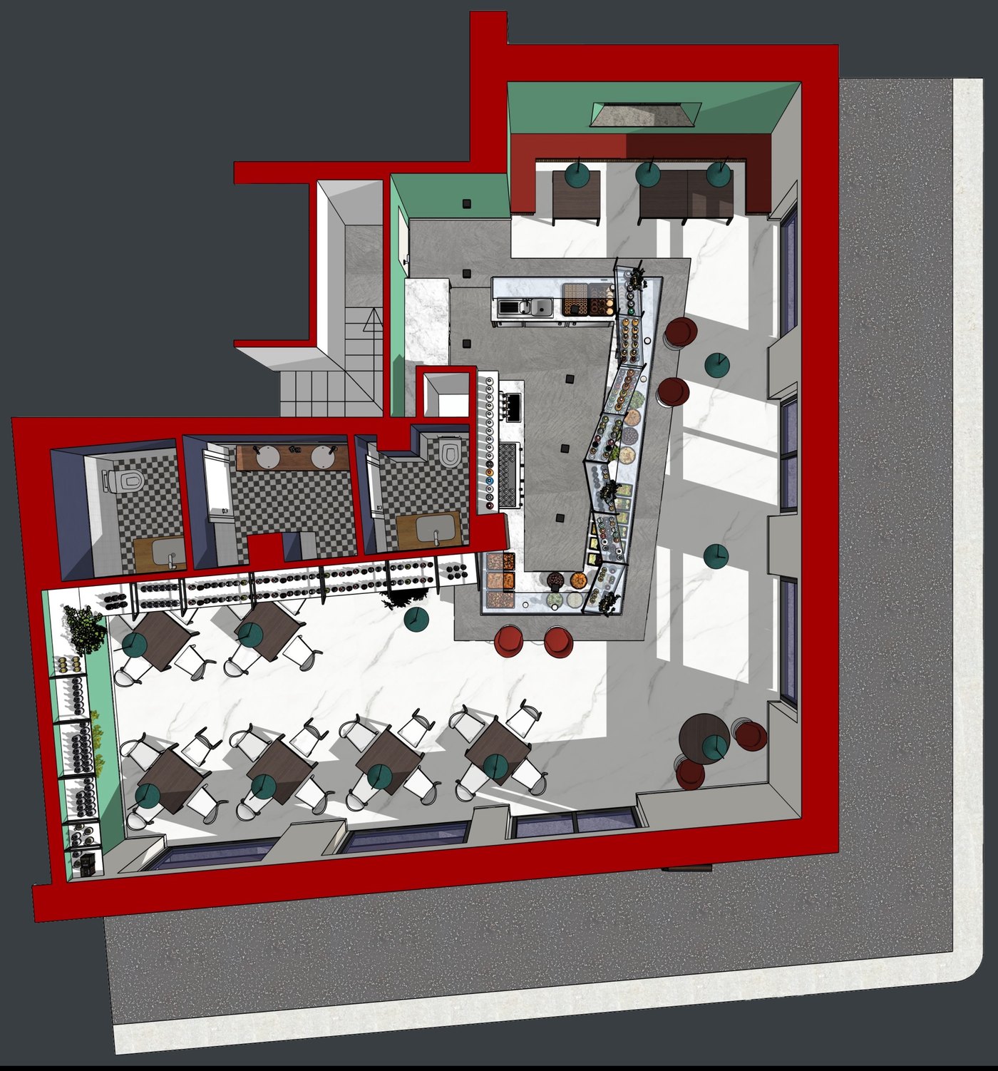 Pianta di progetto in 3D vista dall’alto del bar a Roma San Paolo, 95 mq