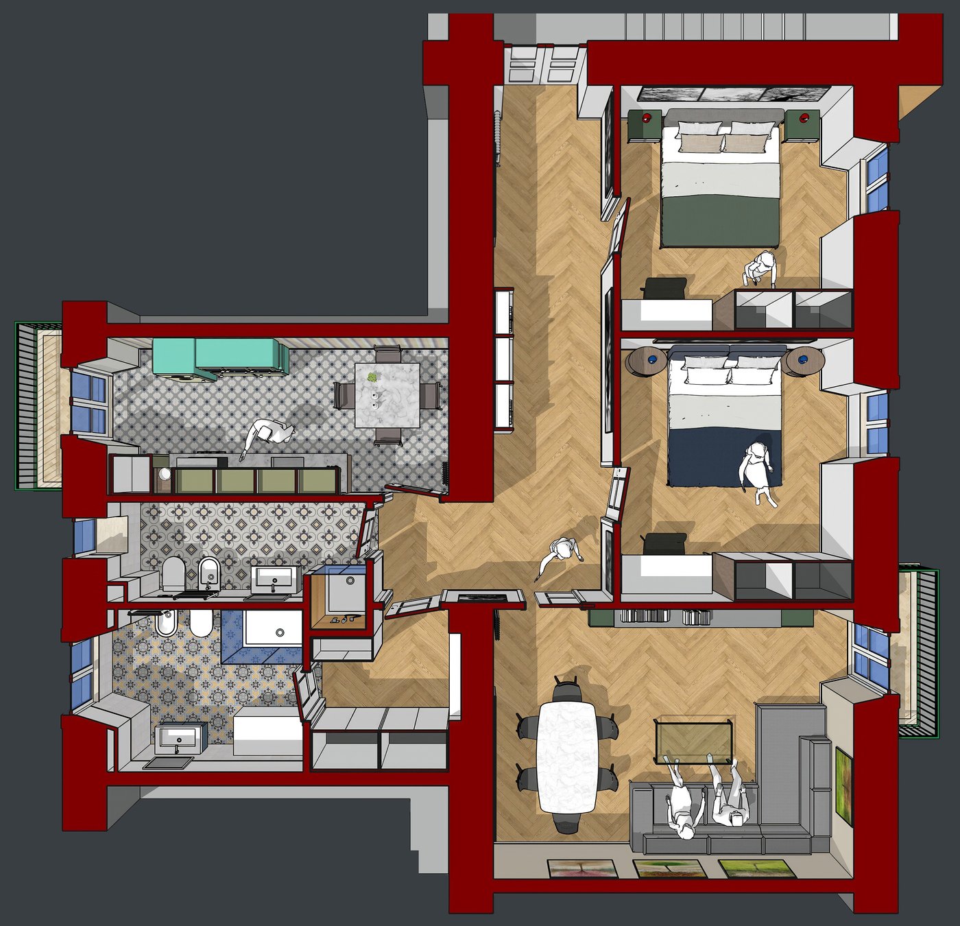 Pianta di progetto del B&B di Roma Prati, 94 mq, vista dall’alto