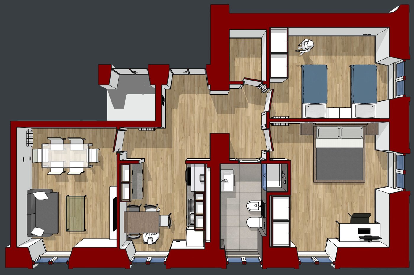 Pianta di progetto del B&B di Roma San Giovanni, 70 mq, vista dall’alto