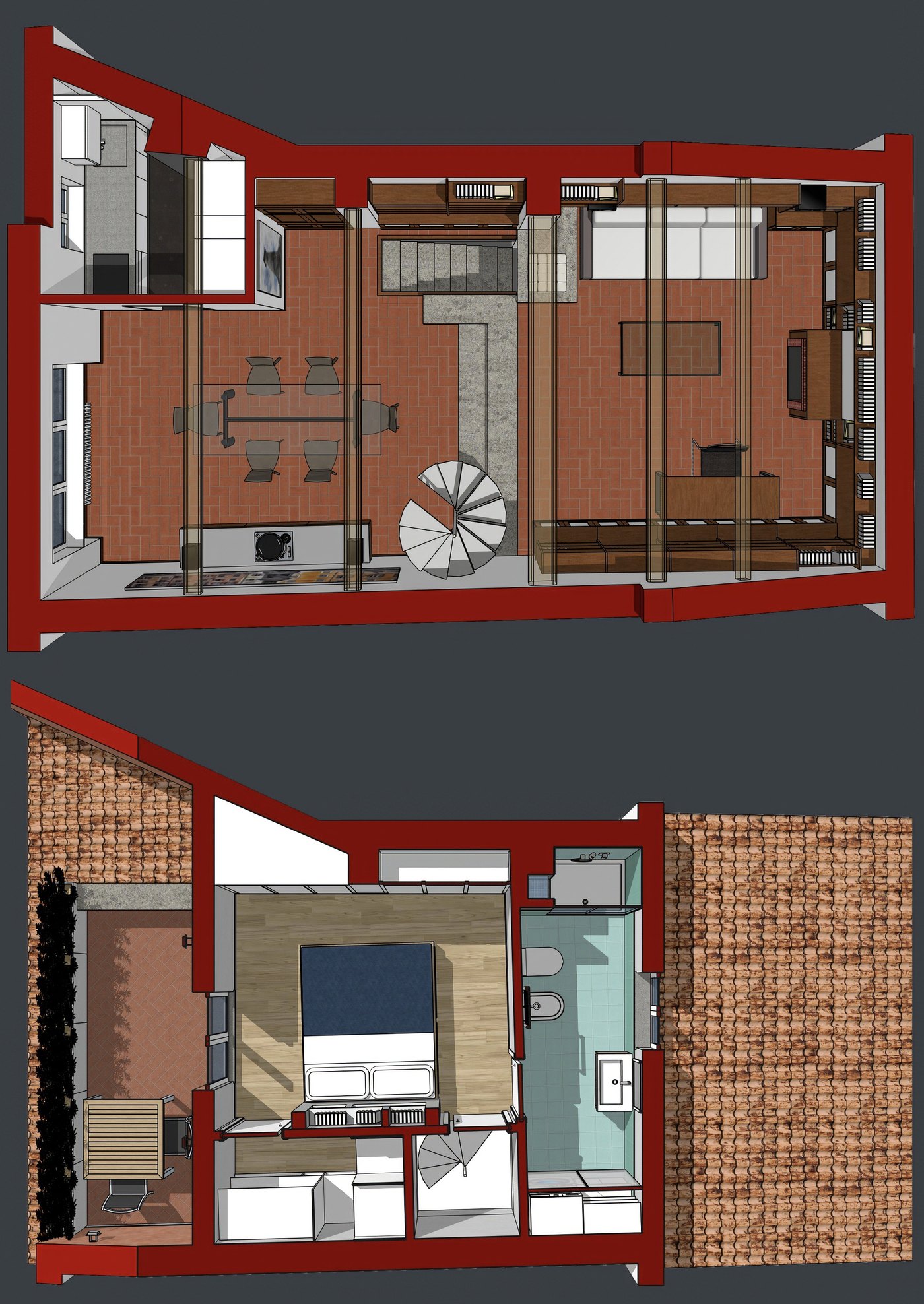 Pianta di progetto dell’appartamento a Trastevere vista dall’alto: in alto il piano dello studio-biblioteca, in basso l’ultimo piano con la zona notte